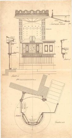 Dolmetsch, Heinrich; Stuttgart; Markuskirche - Kanzel (Grundriss, Ansicht, Schnitte)
