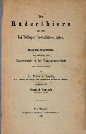 Die Räderthiere und ihre bei Tübingen beobachteten Arten