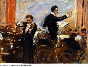 Sterl, Robert: Violinkonzert mit Mogilewski [mit dem Dirigenten Sergei Alexandrowitsch Kussewitzky]. 1910. Bezeichnet: R. St (l. o.). Öl auf Pappe; 24,1 x 30,6 cm. Dresden: Galerie Neue Meister 2856