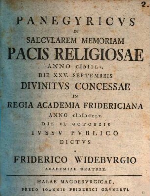 Panegyricus in saecularem memoriam pacis religiosae a. 1555. d. 25. Sept. divinitus concessae