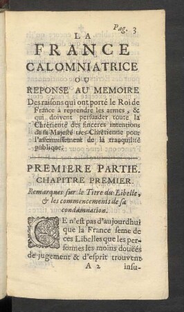 Chapitre Premier. Remarques sur le Titre du Libelle, [et] les commencements de sa condamnation.