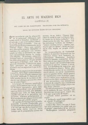 El arte de hacerse rico. [Continuación] : Capítulo IV. Modo de obtener éxito en los negocios. Del libro de Mr. Hardwicke. Traducido por una señorita.