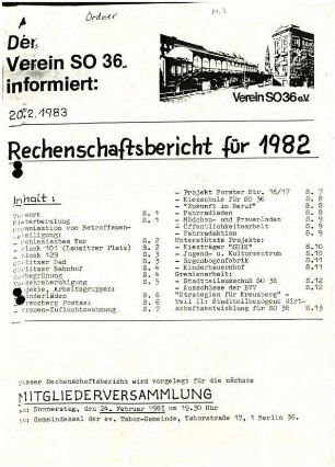 Rechenschaftsbericht: Verein S0 36, 1982