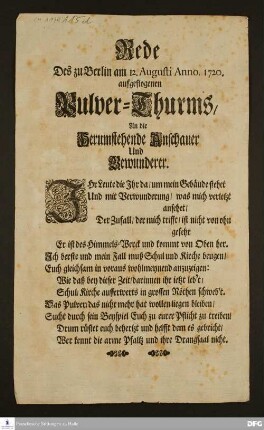 Rede des zu Berlin am 12. Augusti Anno 1720 aufgeflogenen Pulver-Thurms an die herumstehende Anschauer und Bewunderer.