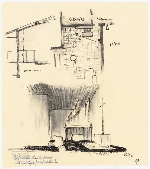 Evangelisches Gemeindezentrum, Herford: Altar: perspektivische Ansicht, Schnitt, Grundriss 1:100