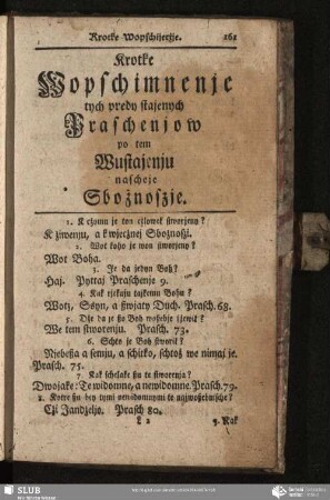 Krotke Wopschimnenje tych predy stajenych Praschenjow po tem Wustajenju nascheje Sbożnoszje