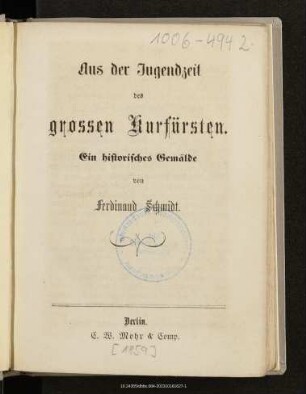 Aus der Jugendzeit des grossen Kurfürsten : ein historisches Gemälde