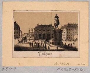 Die Neustädter Wache (Blockhaus) auf dem Neustädter Markt in Dresden, im Vordergrund das Reiterstandbild August II. (Goldener Reiter)