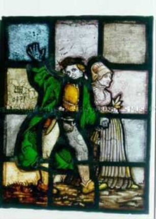 Bleiglasfenster mit Darstellung eines Paares in Kleidung der Renaissance