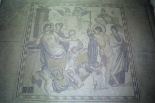 Aphrodite, umgeben von Charis und Eroten, zeigt sich dem nackten Ares