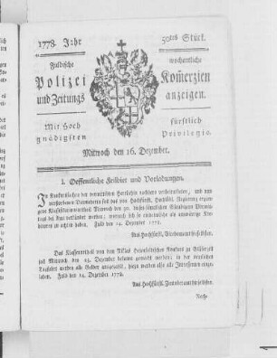 50tes Stück., Ausgabe vom 16. Dezember 1778