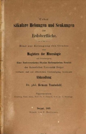 Ueber säkulare Hebungen und Senkungen der Erdoberfläche : Habilitations-Abhandlung