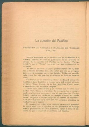 La cuestión del Pacífico : Proyecto de arreglo publicado en "Foreign Affairs"