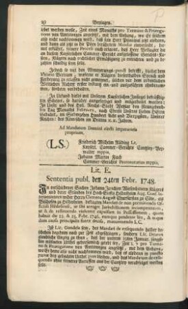 Lit. E. Sententia publ. den 24ten Febr. 1748.