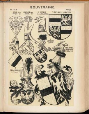 Taf. 65. 1. Ludwig Graf v. Sarwerden 1185. - 2. Friedrich Graf v. Sarwerden 1356. - 3. Heinrich. der Junge Graf z. Sarwerden. 4. Sarwerden (Redinghoven) - 5. Graf v. Saarwerden. (Puchberg'sches W.-B.) - 6. Mörs. (Redinghoven'sches W.-B.) - 7. Graf v. Mörs u. zu Sarwerden. - 8. Graf zu Mörs u. Saarwerden. (S. Sallener W.-B.)