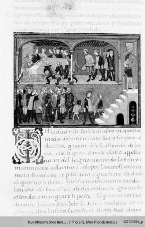 Plutarch: Vita Alexanders des Großen : Textseite mit ornamentaler Initiale (T) und Miniatur: Bankettszene am Hof Alexanders