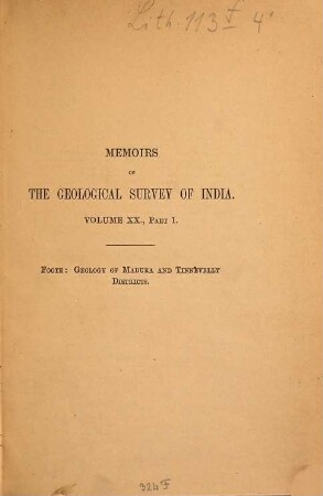Memoirs of the Geological Survey of India. 20. 1883