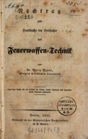 Handbuch der Geschichte der Feuerwaffen-Technik. [2], Nachtrag