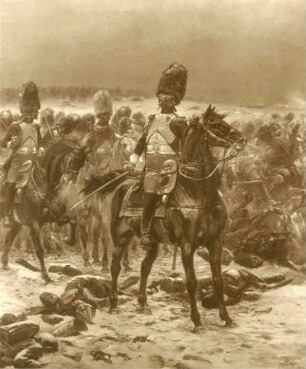 Rückzug der Grande Armèe Kaiser Napoleons I. aus Russland während des Winters 1812: Kavallerie auf dem Ritt durch verschneite Landschaft, am Boden gefallene Grenadiere