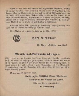 20. Ministerial-Bekanntmachung, den Wechsel in der Haupt-Agentur der Bremer Spiegelglas-Versicherungs-Gesellschaft betreffend