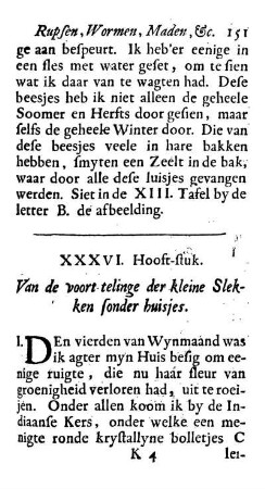 XXXVI. Hooft-stuk. Van de voort-telinge der kleine Slekken sonder huisjes
