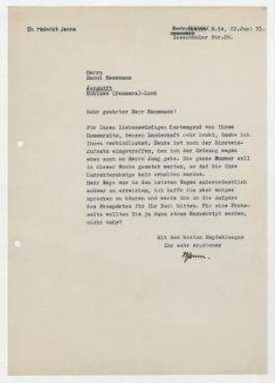 Brief von Heinrich Jenne an Raoul Hausmann. Berlin