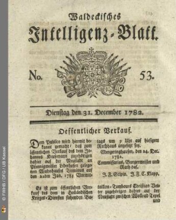 No. 53, Dienstag den 31. December 1782