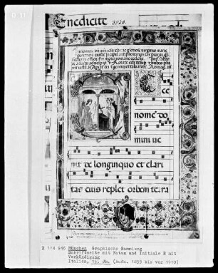 Schriftseite mit Noten und Initiale E mit Verkündigung