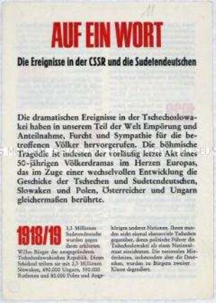 Flugschrift mit Eckdaten aus der Geschichte der Sudetendeutschen vor dem Hintergrund der Intervention des Warschauer Vertrages 1968