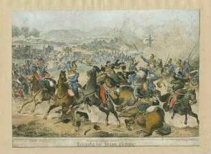 Die Schlacht bei Sedan am 2. 9.1870: im Hintergrund das brennende Sedan, davor kämpfende Infanterie und verlassene Geschützstellung, im Vordergrund dt. und franz. Kavallerie im Gefecht