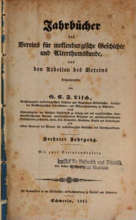 Jahrbücher des Vereins für Mecklenburgische Geschichte und Altertumskunde. 6. 1847