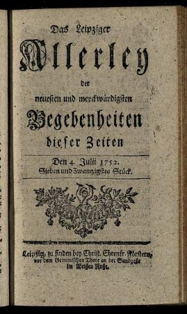 Den 4. Julii 1752. Sieben und Zwantzigstes Stück.