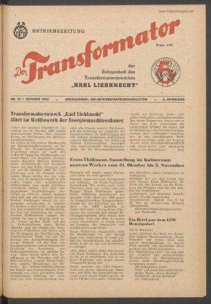 TRO-Betriebszeitung 'Der Transformator'; Nr. 28/1952 (Oktober 1952)