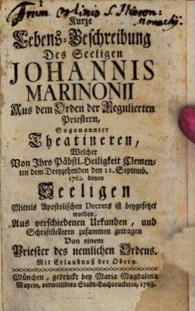 Kurze Lebensbeschreibung des seeligen Joh. Marinonii