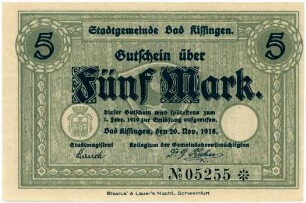 Geldschein / Notgeld, 5 Mark, 20.11.1918
