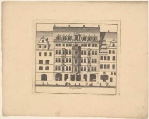 Apels Haus am Markt 17 in Leipzig (auch Thomésches Haus oder Königshaus), Fassade mit Staffage, Blatt 3 aus einer Reihe Leipziger Wohnhäuser und Palais’