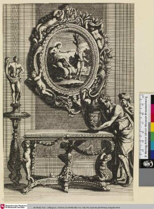 [Ansicht eines zwei-geteilten Spiegelentwurfs mit einer zwei Männern rechts, die einen Krug auf den Tisch vor dem Spiegel platzieren, im Spiegel ein Szene mit Apollon; Projet alternatif de tables de miroirs]