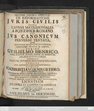 Diatribe Jvridica Avspicalis De Reformatione Jvris Civilis Circa Cavsas Matrimoniales A Pontifice Romano Per Jvs Canonicvm Perverse Tentata