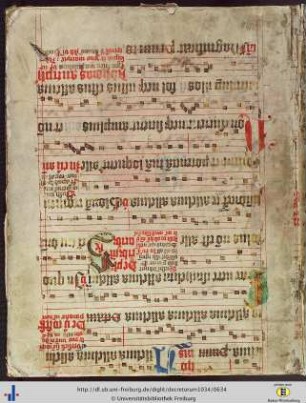 Deckel mit Fragmenten einer Pergament-Hs. des 15. Jhs: Antiphonale mit römischer Choralnotation auf 4 roten Linien.