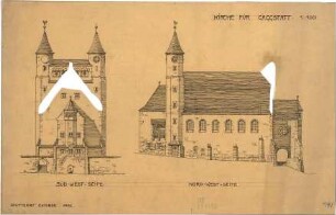 Fischer, Theodor; Gaggstatt; Ev. Kirche - Süd-Westseite u. Nord-Westseite (Ansichten)