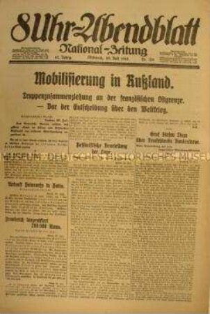 Zeitung "8 Uhr-Abendblatt" vom 29. Juli 1914 mit Bericht über Mobilmachung in Russland
