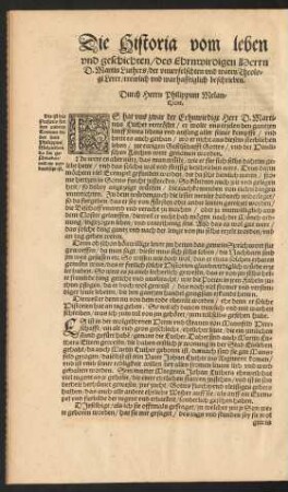 Die Historia vom leben und geschichten/ des Ehrnwirdigen Herrn D. Martin Luthers ... Durch Herrn Philippum Melanthon.