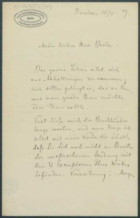 13. Mai 1889, Dresden [Brief von Alphons Stübel an Max Uhle]