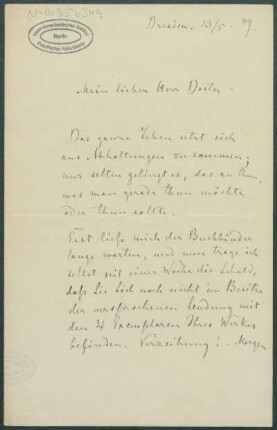 13. Mai 1889, Dresden [Brief von Alphons Stübel an Max Uhle]