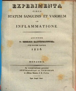Experimenta Circa Statum Sanguinis Et Vasorum In Inflammatione : Cum Novem Tabulis