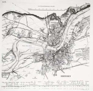 Karte des Elbstromes innerhalb des Königreichs Sachsen: mit Angabe des durch d. Hochwasser vom 31. März 1845 erreichten Überschwemmungsgebietes in 15 Sect., Sect. 9: Dresden (ca. 1:12 000)