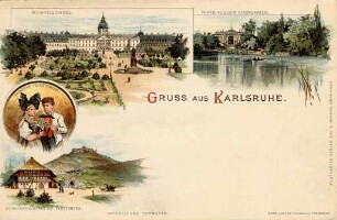 Postkartenalbum. "Gruss aus Karlsruhe". Schloss, Stadtgarten, Badische Trachtenpaar, Schwarzwaldhaus mit Lauterberg