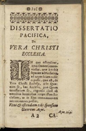 Dissertatio Pacifica, De Vera Christi Ecclesia.