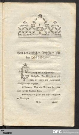 Von den einfachen Maschinen und dem Hebel insbesondere.
