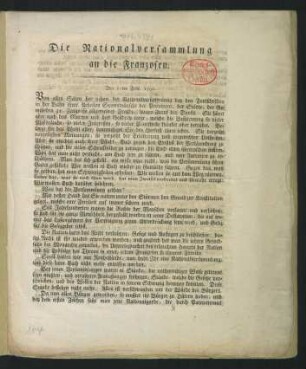 Die Nationalversammlung an die Franzosen : Den 11ten Febr. 1790.